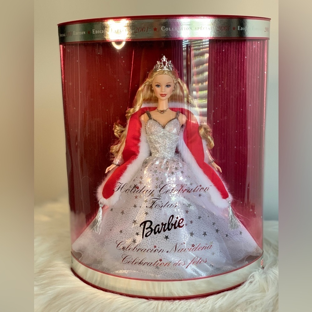 Collectable(89)Barbie 2001 Festive Doll in Silver and Red Gown